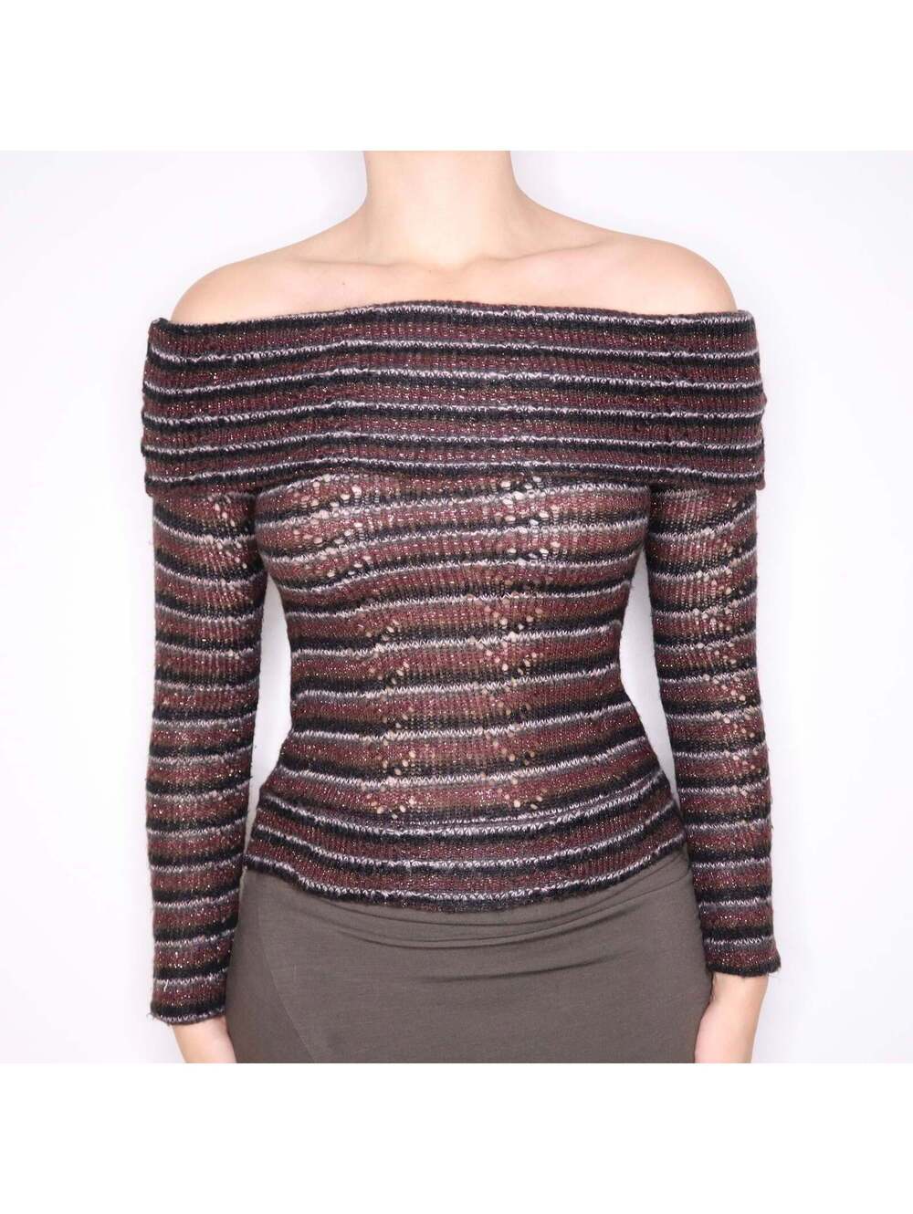 Y2K Italian Mohair Blend Off the Shoulder Striped Sweater (S)
